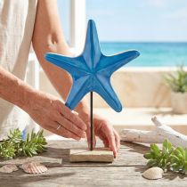Article Étoile de mer décorative sur socle bois naturel bleu Ø22cm H32cm