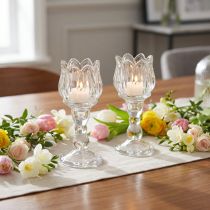 Article Photophore tulipe en verre avec base transparente Ø7cm H16cm 2pcs