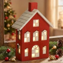 Article Maison en bois lumineuse Rouge et blanc Pour batterie H19;5cm