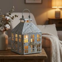 Article Lanterne décorative vintage métal maison lumineuse blanc rouille H35cm