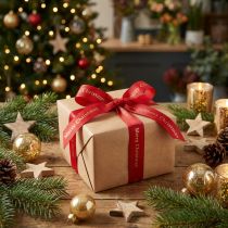 Article Ruban de Noël rouge avec inscription dorée "Joyeux Noël", largeur 25 mm, longueur 20 m