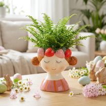 Article Visage de fillette dans un pot de fleurs avec des fraisiers endormis, décoration pour salon, printemps, 13 cm