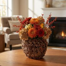 Article Jardinière décorative avec pommes de pin, aspect naturel, 27 cm. Pot rond en pommes de pin, brun naturel, fabriqué à partir de pommes de pin, 27 cm x 22 cm.