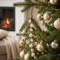 Article Branche de sapin artificielle avec mini boules de Noël blanches, 46 cm, 2 pièces
