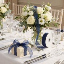 Article Ruban d'organza, ruban cadeau, bleu foncé, lisière bleue, 50 m