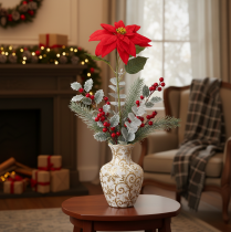 Article Poinsettia artificiel rouge à tige unique, décoration 82 cm