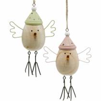 Décoration de printemps, oiseaux en bois, oiseau d&#39;hiver avec chapeau, étiquette en bois 4 pièces