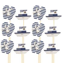 Article Piquet de Jardin Bois Maritime Tongs Bateau Bleu Blanc 8cm 12 pcs