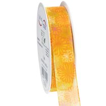Article Ruban cadeau, ruban d'organza à motif floral, jaune/orange, 25 mm x 18 m
