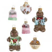 Pendentifs en verre bonhomme en pain d&#39;épice &amp; cupcakes, décorations de sapin de Noël mix, Boulangerie de Noël H4/8cm verre véritable 6pcs