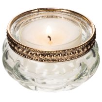 Article Porte-bougies chauffe-plat en verre avec bordure décorative en métal, 6 cm, lot de 4