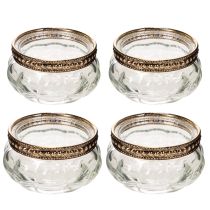 Article Porte-bougies chauffe-plat en verre avec bordure décorative en métal, 6 cm, lot de 4
