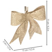 Article Nœud à paillettes, nœud décoratif, doré avec pince, 11 cm, lot de 4