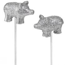 Article Cochon porte-bonheur Nouvel An porte-bonheur sur bâton argent 3cm 6pcs