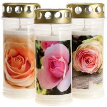 Bougies funéraires avec roses Décorations funéraires Ø7cm H16cm 3 pièces