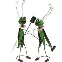 Article Sauterelle Figurine de Jardin Métal Décoration Cricket avec Râteau et Pelle H33cm Lot de 2
