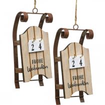 Article Calendrier décoratif en bois traîneau de l&#39;Avent rouille L14,5cm 2 pièces