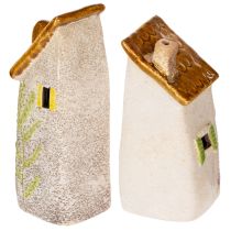 Article Maison rustique en céramique avec LED lumineuse, idéale comme décoration de table d'ambiance, 15 cm, lot de 2