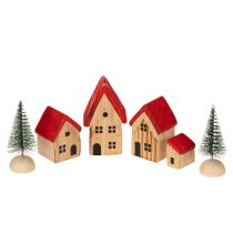 Article Ensemble de maisons décoratives en bois avec toits rouges et sapins, 12 cm, 6 pièces