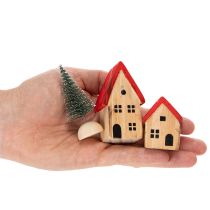 Article Ensemble de maisons décoratives en bois avec toits rouges et sapins, 12 cm, 6 pièces