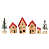 Article Ensemble de maisons décoratives en bois avec toits rouges et sapins, 12 cm, 6 pièces
