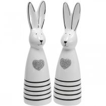 Lapin en céramique noir et blanc, décoration lapin de Pâques paire de lapins avec coeur H20,5cm 2pcs