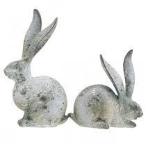 Article Lapin décoratif, figurine de jardin aspect béton, shabby chic, décoration de Pâques avec accents argentés H21/14 cm, lot de 2