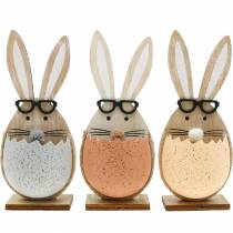 Article Lapin en bois dans un oeuf, décoration printanière, lapins à lunettes, lapins de Pâques 3pcs
