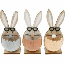Article Lapin en bois dans un oeuf, décoration printanière, lapins à lunettes, lapins de Pâques 3pcs