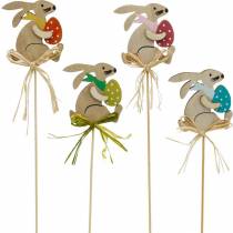 Lapin avec oeuf de Pâques sur un bâton, bouchon de fleur de lapin de Pâques, décoration en bois de Pâques, bouchon décoratif, décoration florale 12pcs