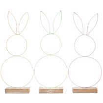 Article Lapin Décoration Métal Bois Naturel Jaune Menthe Rose H28cm 3 Pcs