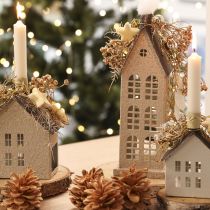 Article Maison décorative en métal avec fenêtres et cheminée, 28 cm