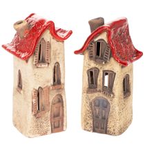 Article Maison décorative en céramique avec toit rouge, maison lumineuse, 15 cm, lot de 2
