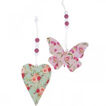 Article Pendentif motif fleur, coeur et papillon, décoration printanière à suspendre H11,5/8,5cm 4pcs