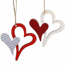 Article Pendentif coeur en bois rouge, blanc 8cm 24 pcs