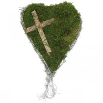 Décoration tombe coeur vignes, mousse avec croix pour arrangement funéraire 30×20cm