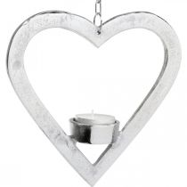 Article Photophore au coeur, décoration bougie à accrocher, mariage, décoration de l'Avent en métal argenté H17.5cm