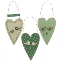Coeur à suspendre, décoration en bois avec oiseaux, décoration de porte, vert printemps, jaune H22cm lot de 3