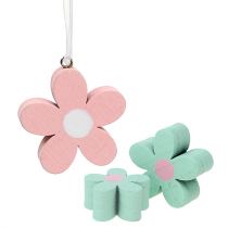 Article Fleurs en bois à suspendre, décorations dispersées rose, vert 12 pcs