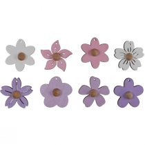 Article Fleurs en bois à suspendre décoration bois violet, rose, blanc 4,5cm 24pcs