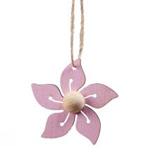 Article Fleurs en bois à suspendre décoration bois violet, rose, blanc 4,5cm 24 pcs