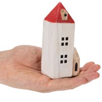 Article Ensemble de maisons décoratives en bois, rouge et blanc, décoration hivernale composée de plusieurs éléments, 13 cm, 6 pièces