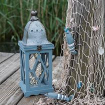 Lanterne en bois avec décoration en métal, lanterne décorative à suspendre, décoration de jardin bleu-argent H51cm