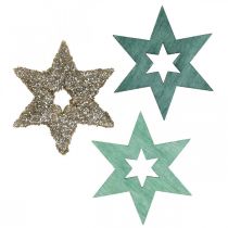 Article Décoration à disperser étoile en bois vert, mélange de poinsettias pailletés 4cm 72 pcs
