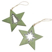 Article Étoile en bois avec motifs vert 11cm 6pcs