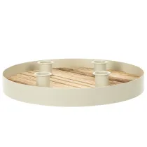 Article Porte-bougies pour quatre bougies coniques, plateau rond en bois, 25 cm