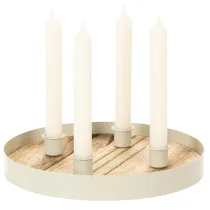 Article Porte-bougies pour quatre bougies coniques, plateau rond en bois, 25 cm