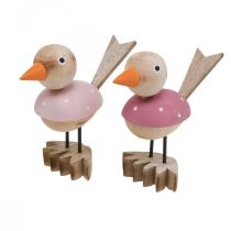 Article Figurine oiseau en bois déco fenêtre printemps rose H15cm 2pcs