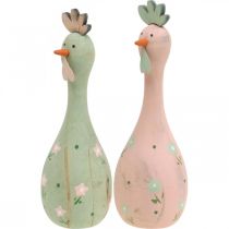 Déco poulet bois rose, vert décoration Pâques figure Ø5cm H15cm 2pcs