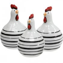Article Poulet Décoratif Céramique Blanc Rayures Noires Rond Ø 7cm H11cm 3 pcs